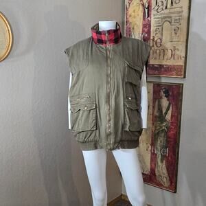 Vintage 80s/90s Khaki Cargo/Utility Vest with  Flannel Lining by Ozark Trail